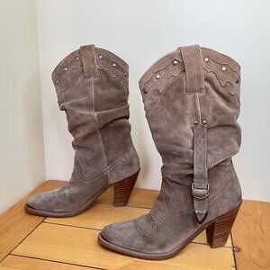 Aldo Tan Suede Leather Cowgirl Western Boots with Stud & Strap Detail